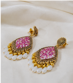 Load image into Gallery viewer, Handcrafted Pink Resin Statement Earrings with Pearl Drops | Elegant Party Wear Earrings for Women