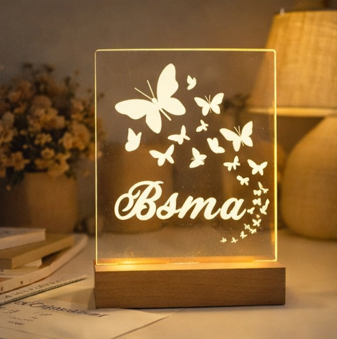 Personalized Butterfly Name LED Acrylic Lamp – Custom Engraved Night Light with Wooden Base