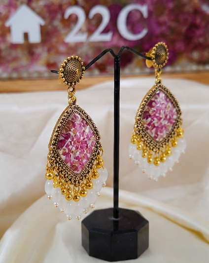 Handcrafted Pink Resin Statement Earrings with Pearl Drops | Elegant Party Wear Earrings for Women