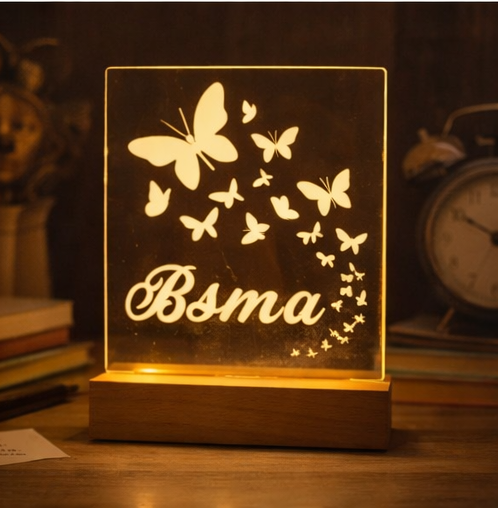 Personalized Butterfly Name LED Acrylic Lamp – Custom Engraved Night Light with Wooden Base