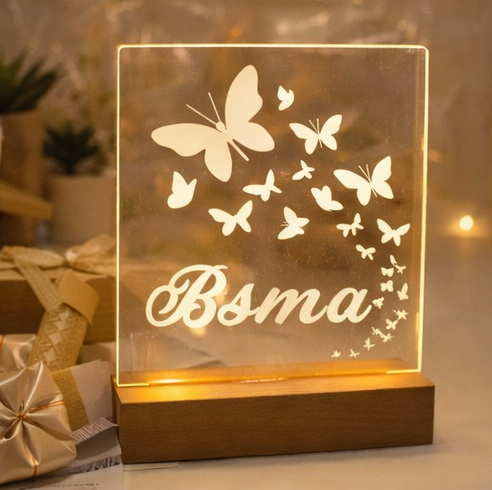 Personalized Butterfly Name LED Acrylic Lamp – Custom Engraved Night Light with Wooden Base