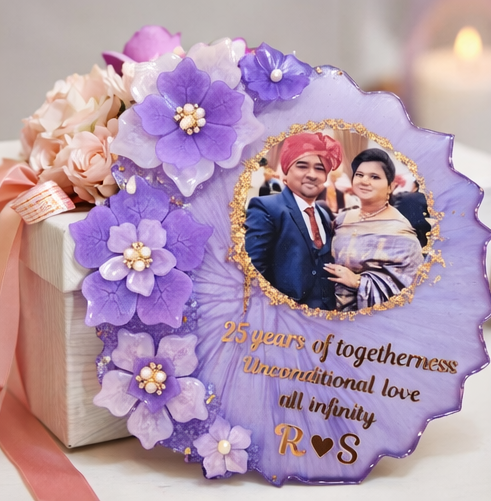 25th Anniversary Floral Resin Photo Plaque – Personalized Silver Jubilee Gift