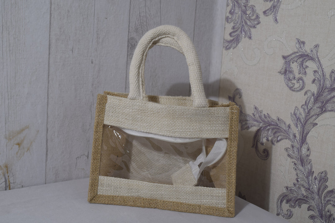 Premium Jute Gift Bag for Hampers | Eco-Friendly Transparent Window Hamper Carry Bag