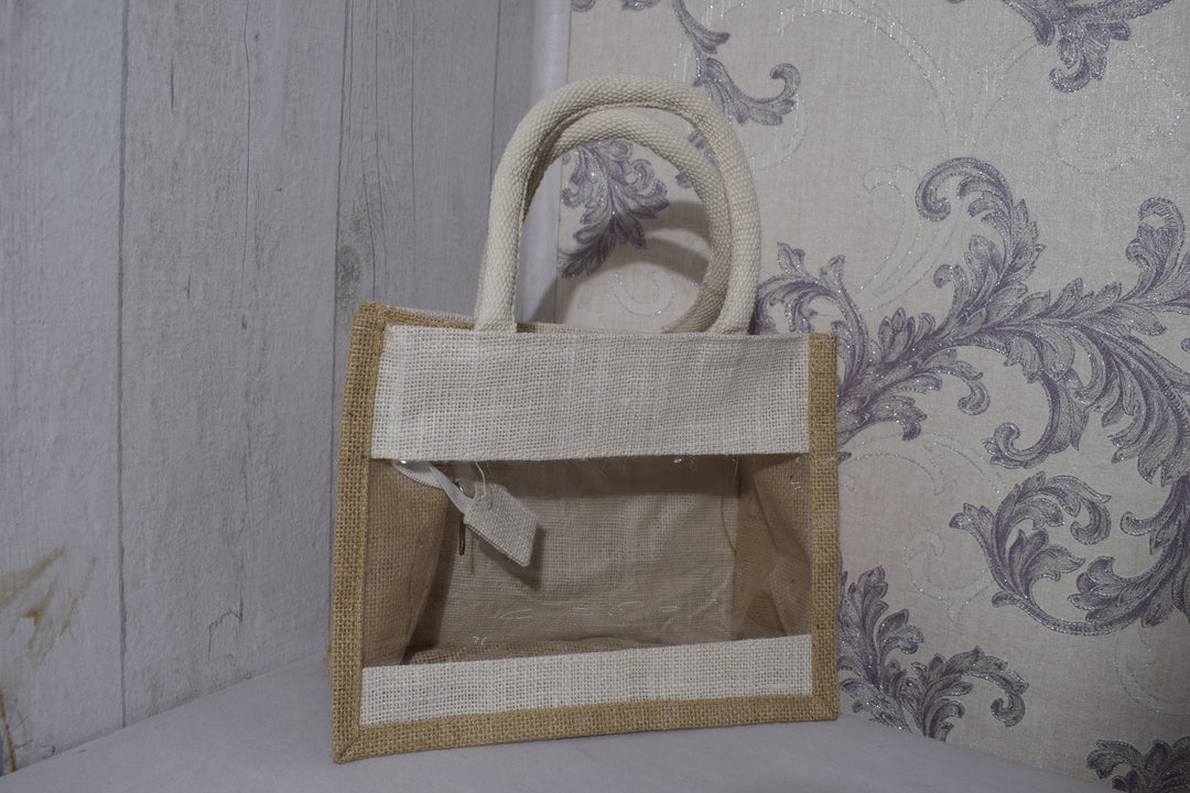 Premium Jute Gift Bag for Hampers | Eco-Friendly Transparent Window Hamper Carry Bag