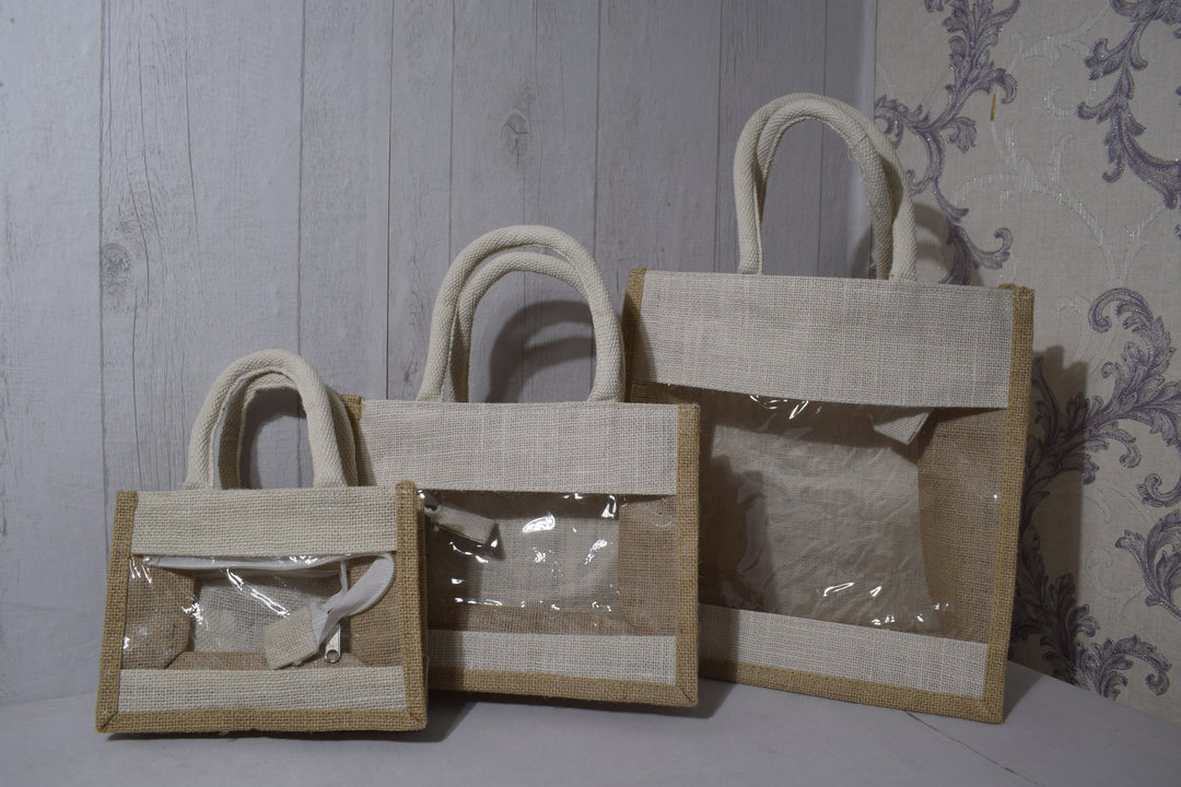 Premium Jute Gift Bag for Hampers | Eco-Friendly Transparent Window Hamper Carry Bag
