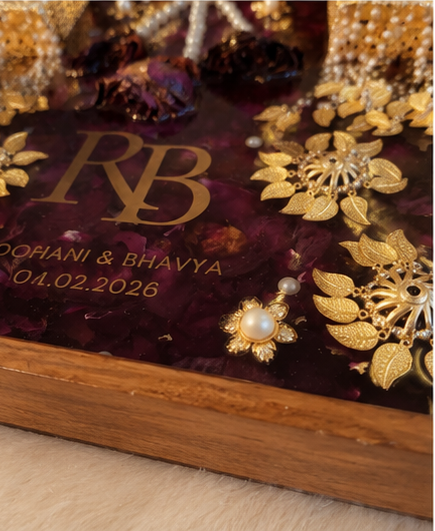 Luxury Personalized Resin Wedding Tray | Customized Couple Keepsake Tray with Floral Gold Decor